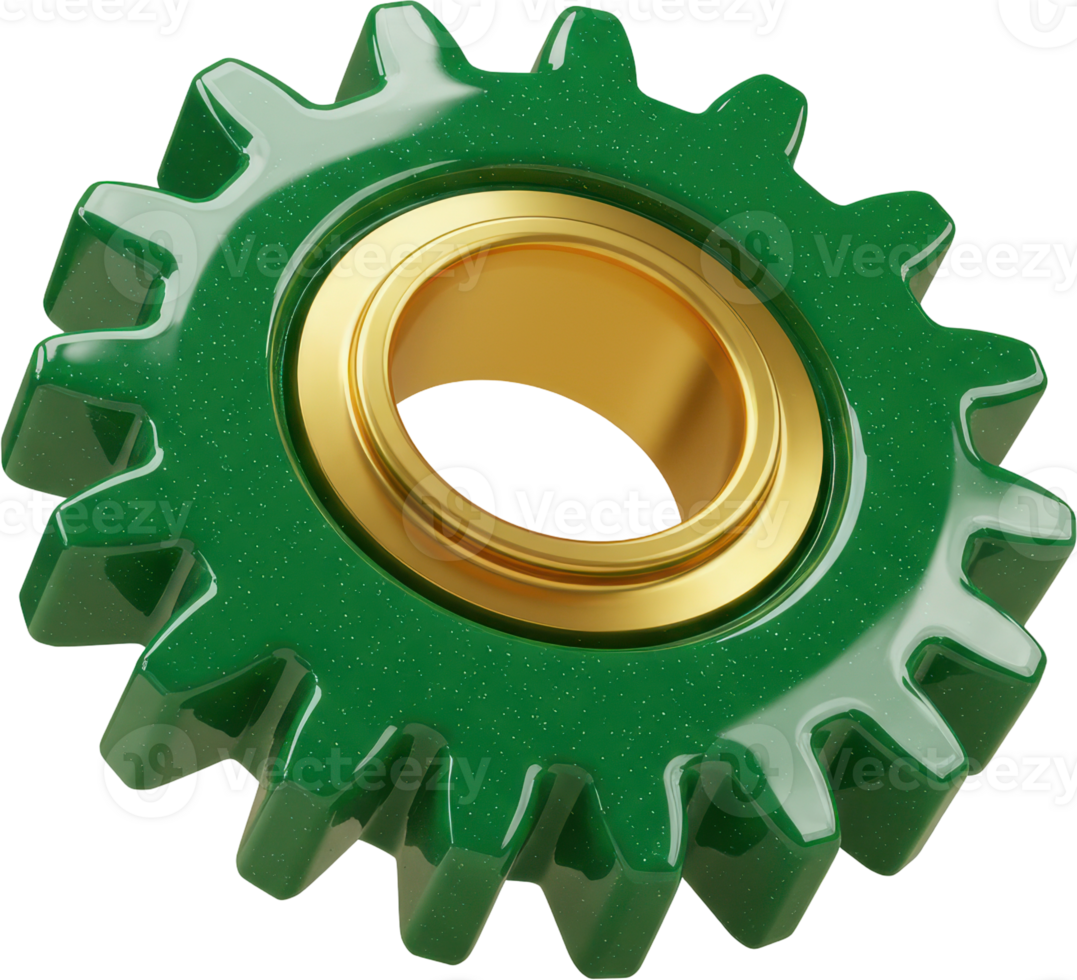 Glossy green gear with golden core, essential mechanical component for industry png