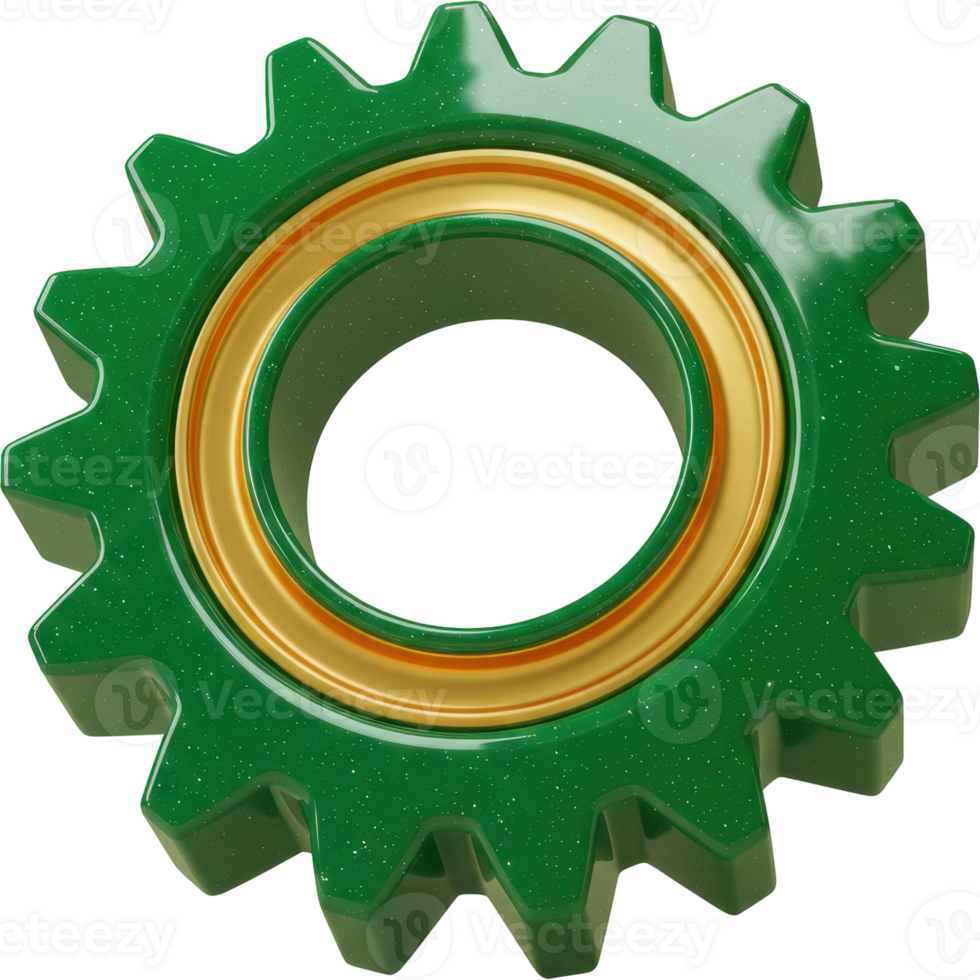 Vibrant green gear with golden center 3D illustration for mechanical and industrial concepts png