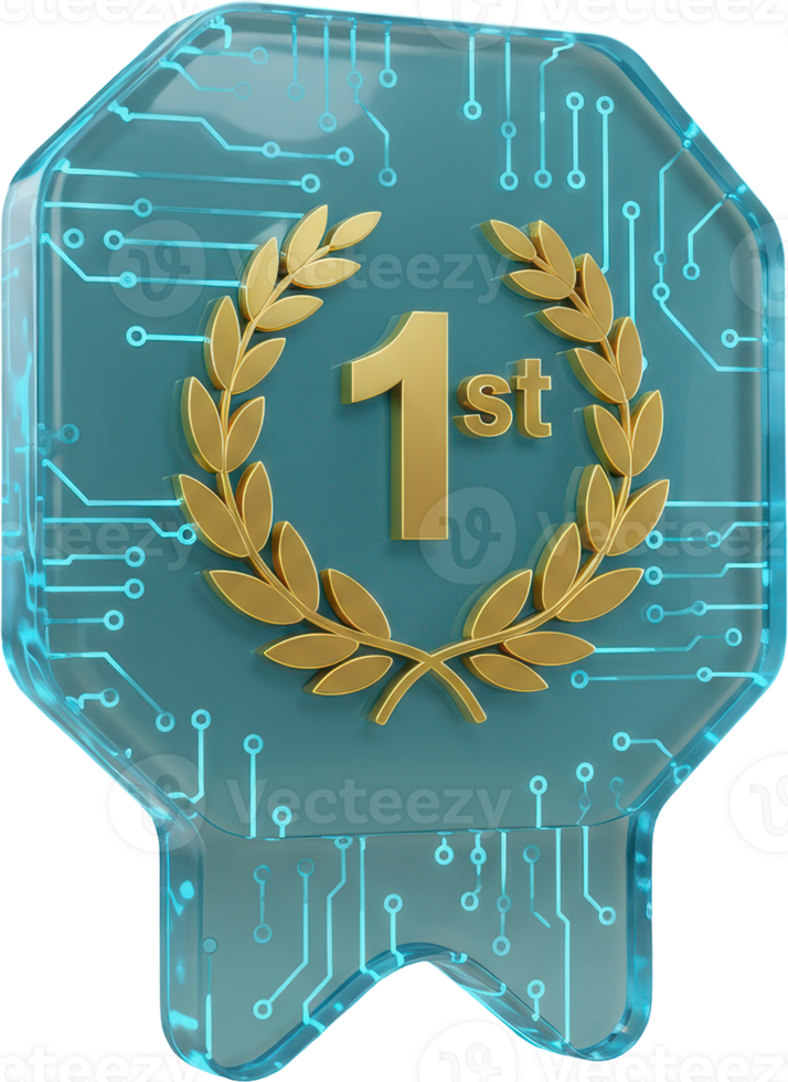 Glossy digital first place achievement award badge with glowing circuit board pattern png