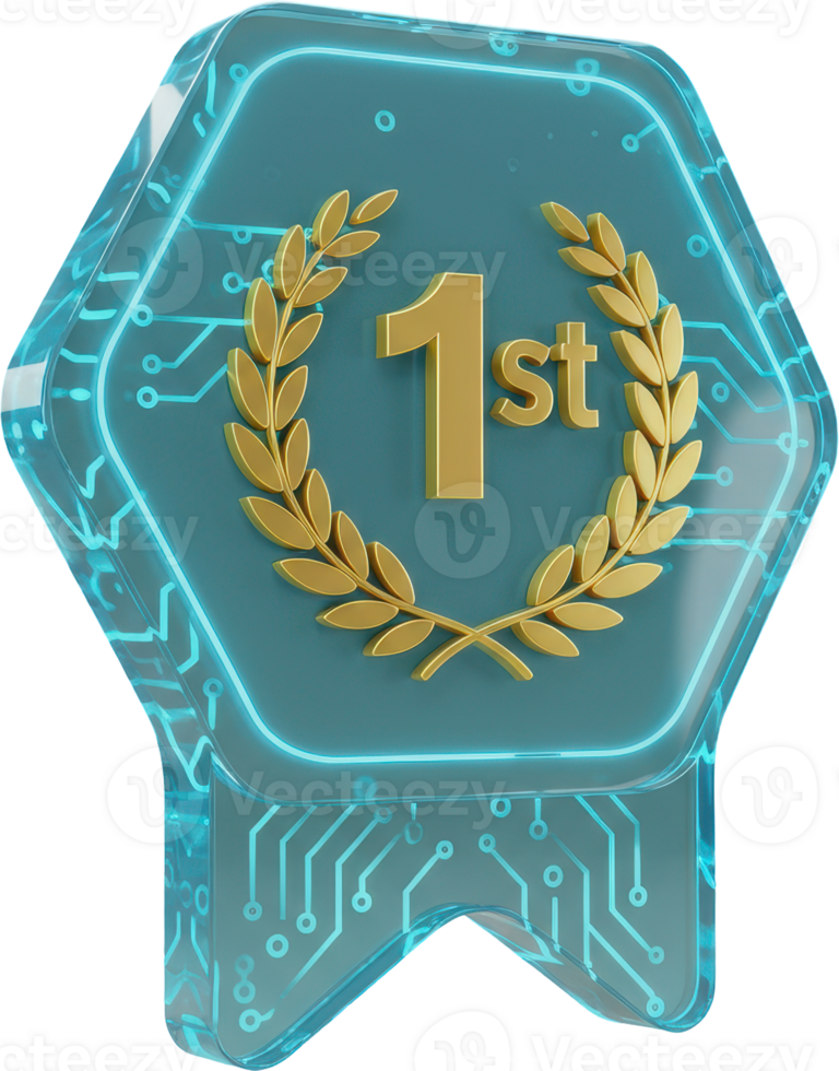 Holographic 1st place digital achievement badge with circuitry and laurel wreath png