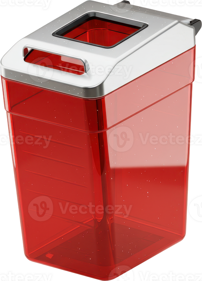Sleek red plastic waste container with metallic top for home or office recycling. png