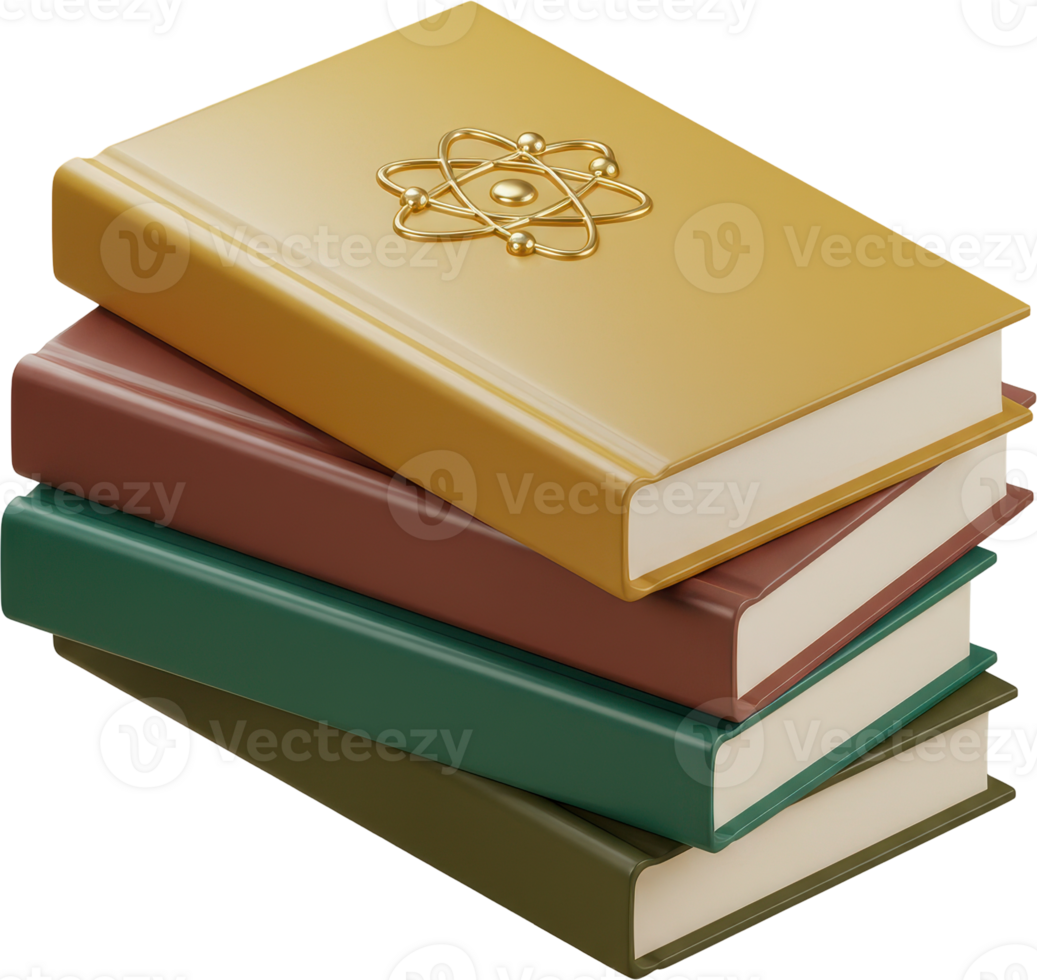 Colorful stack of educational books with a prominent golden atom symbol on the top png