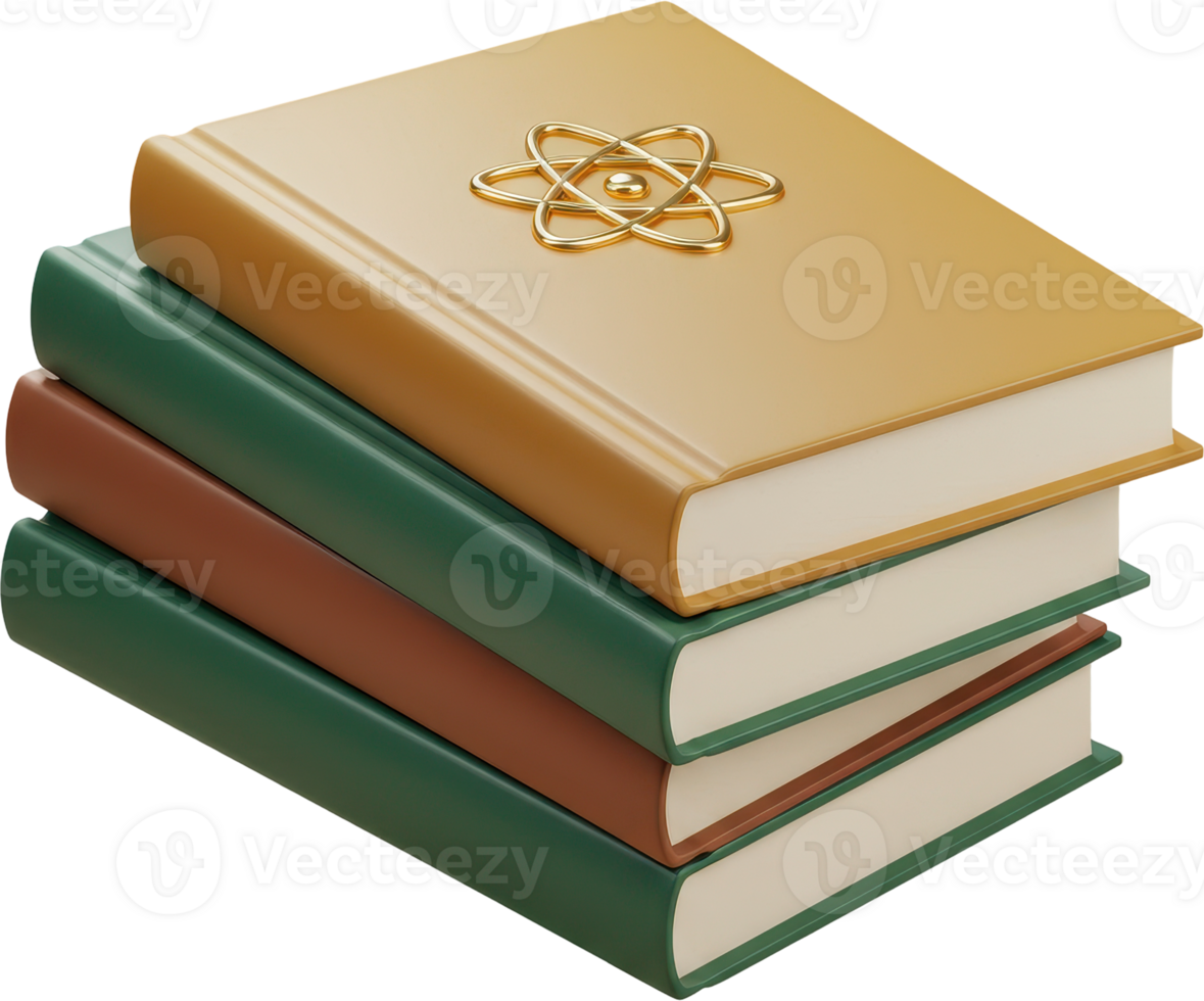 Vibrant stack of science and education books with golden atom symbol on top png