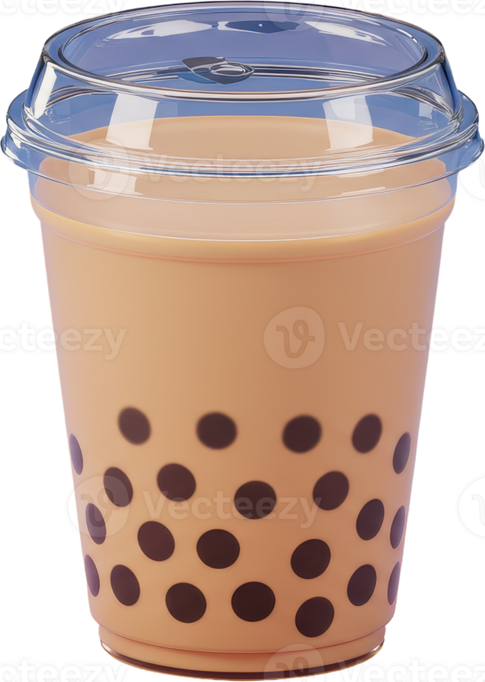 Sweet bubble milk tea in a transparent plastic cup with dark tapioca pearls and a clear dome lid png
