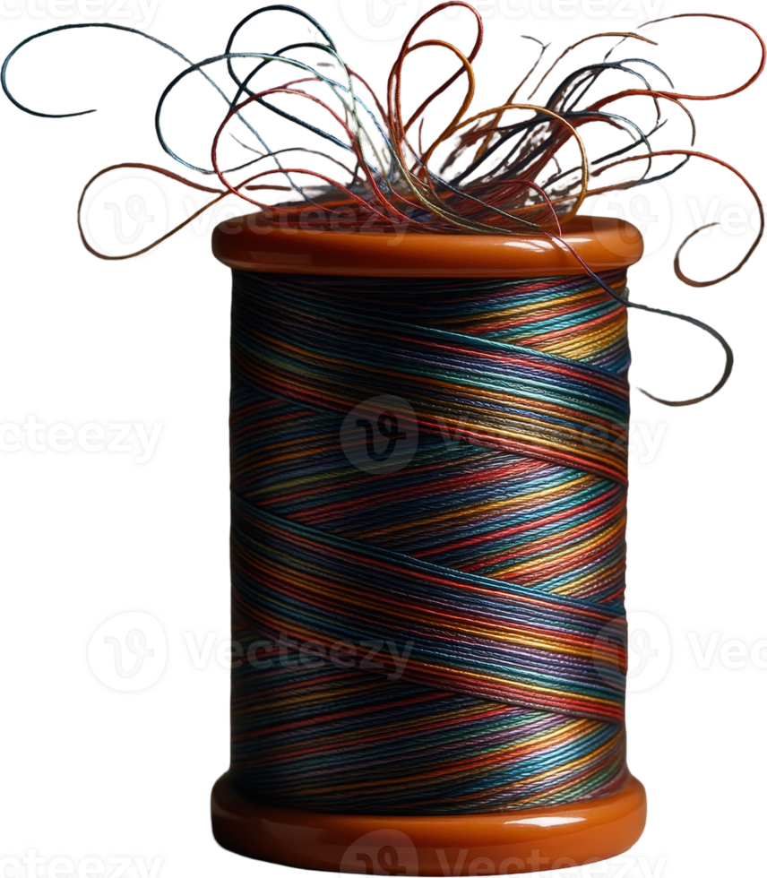 Multi colored thread spool with unraveling strands, perfect for sewing and craft projects png