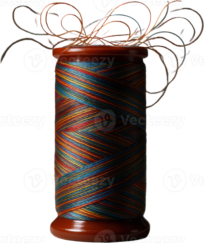 Artistic multi color thread spool, intricately wound, with decorative unraveling strands png