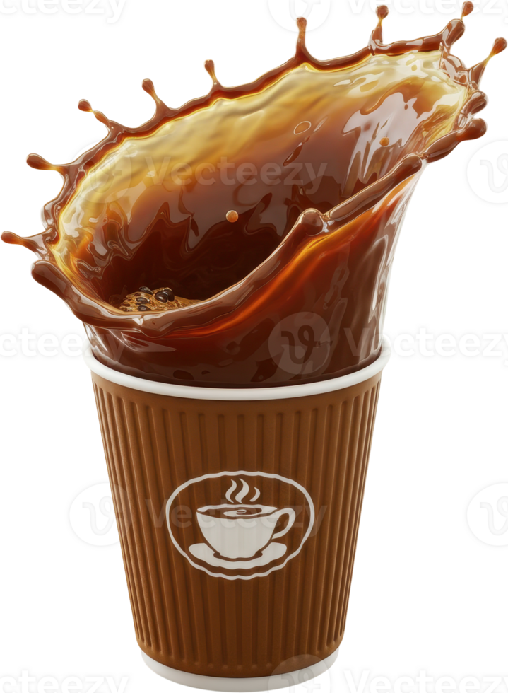 Captivating coffee liquid splash erupting from a brown disposable paper cup png