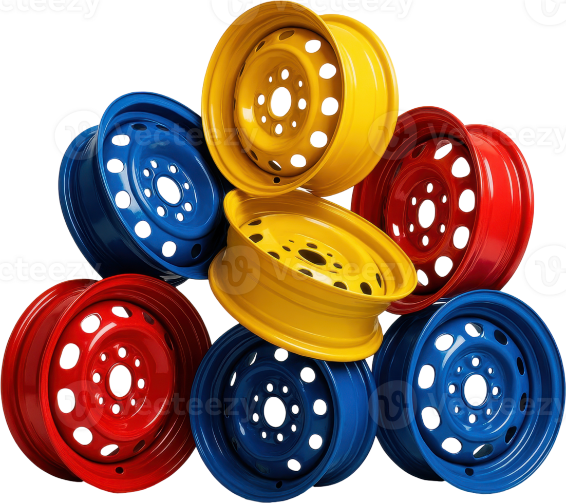 Dynamic arrangement of red blue yellow steel car rims for vehicle customization png