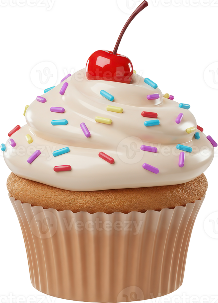 Delicious cupcake with creamy frosting, colorful sprinkles, and bright red cherry png