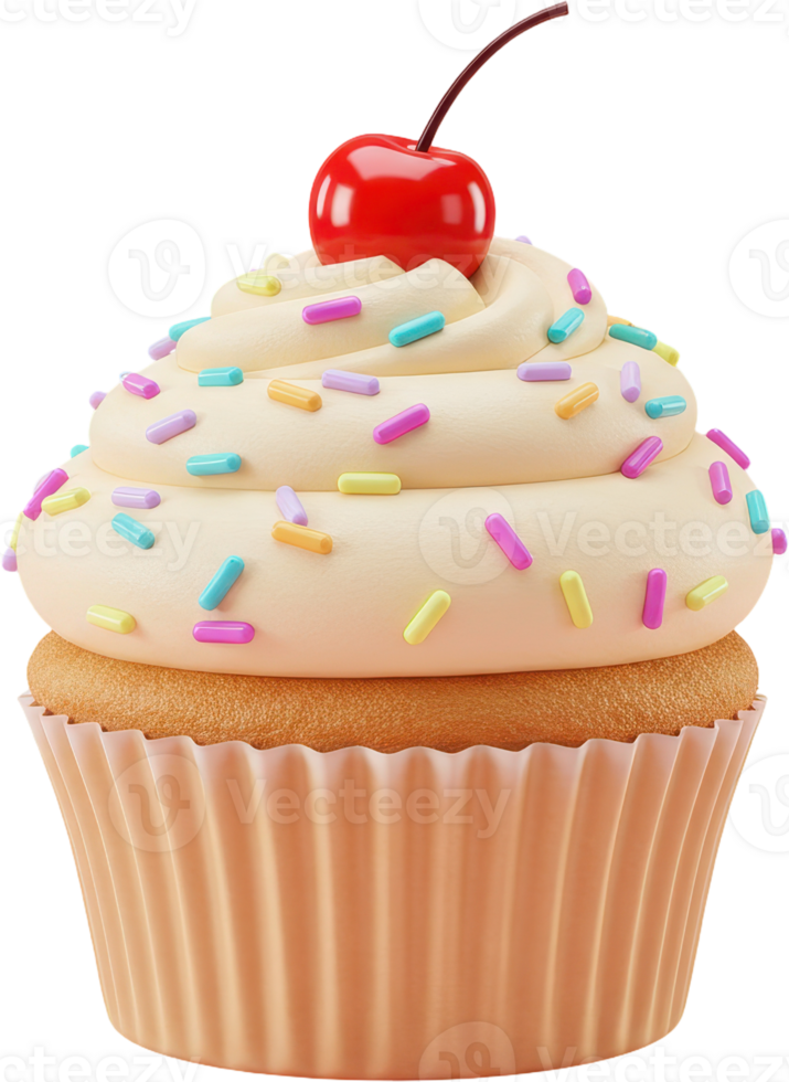 Delicious 3D cupcake with creamy frosting, colorful sprinkles, and a bright red cherry png