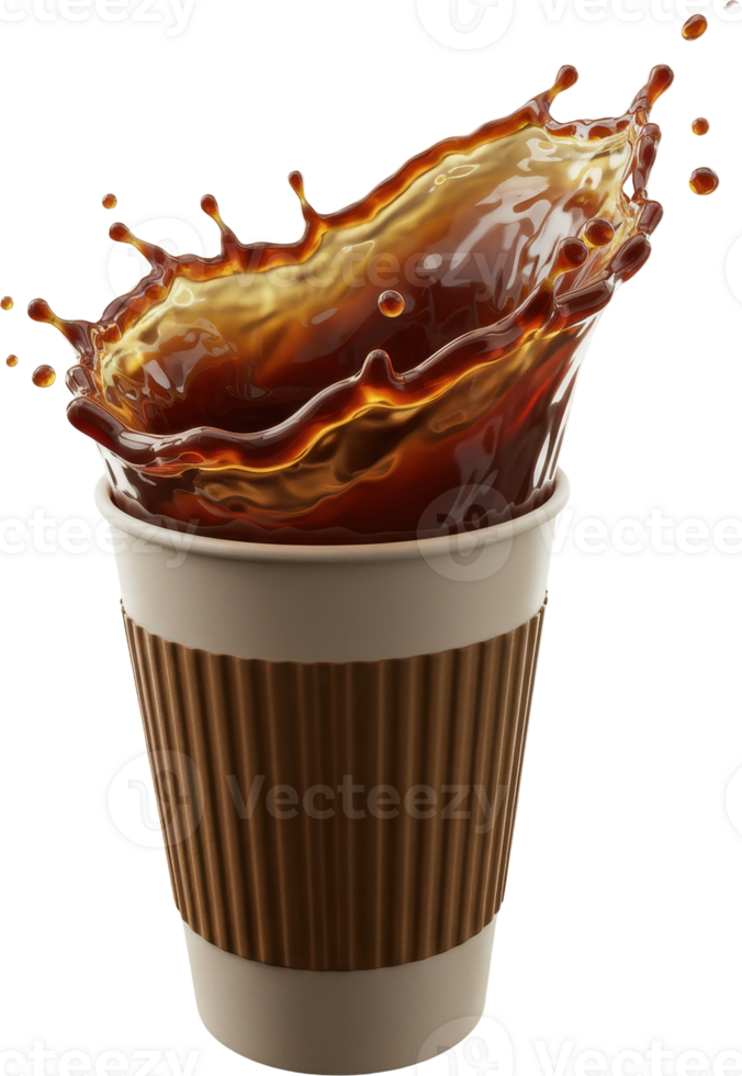 Dynamic coffee splash erupting from a paper cup with a corrugated sleeve png