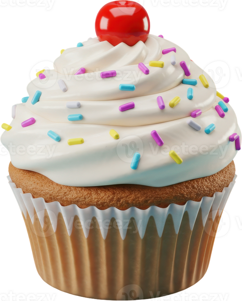 Delicious cupcake with white frosting, colorful sprinkles, and a bright red cherry png