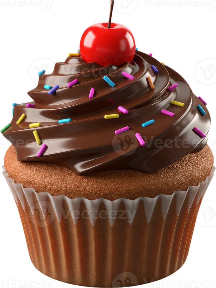 Sweet chocolate cupcake with colorful sprinkles and a bright red cherry topping png