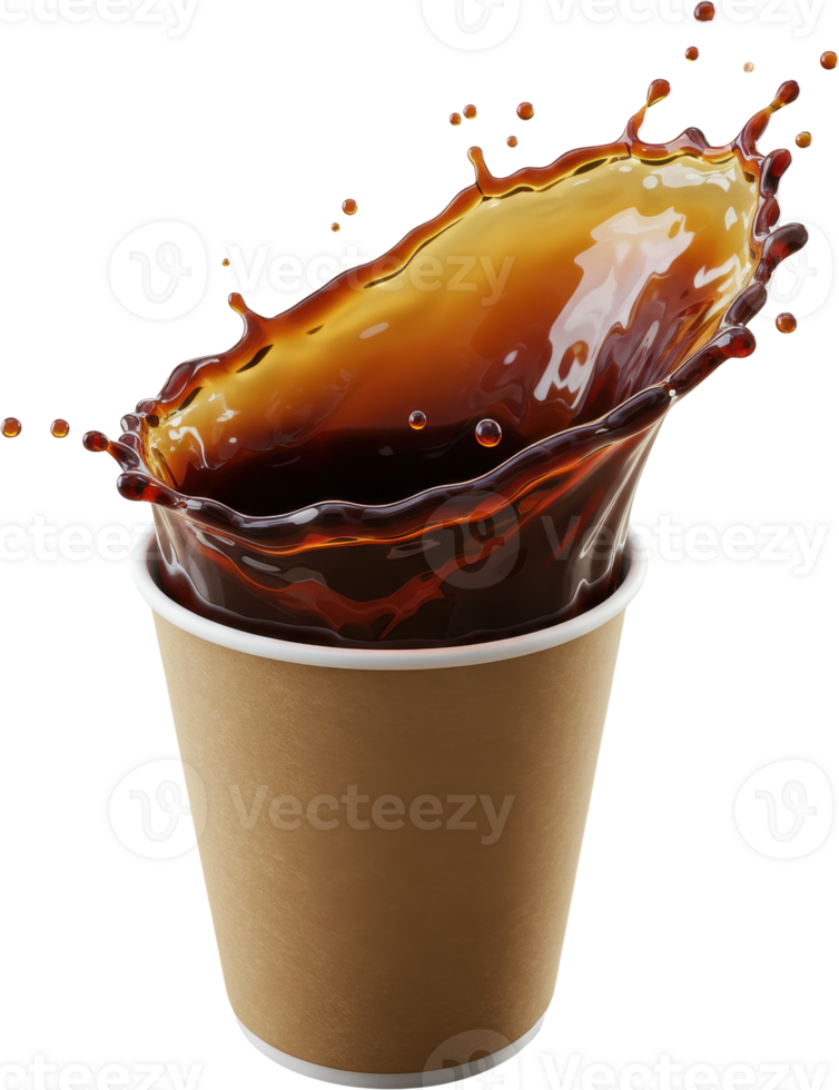 Dynamic coffee splash in a disposable paper cup, perfect for beverage promotions. png