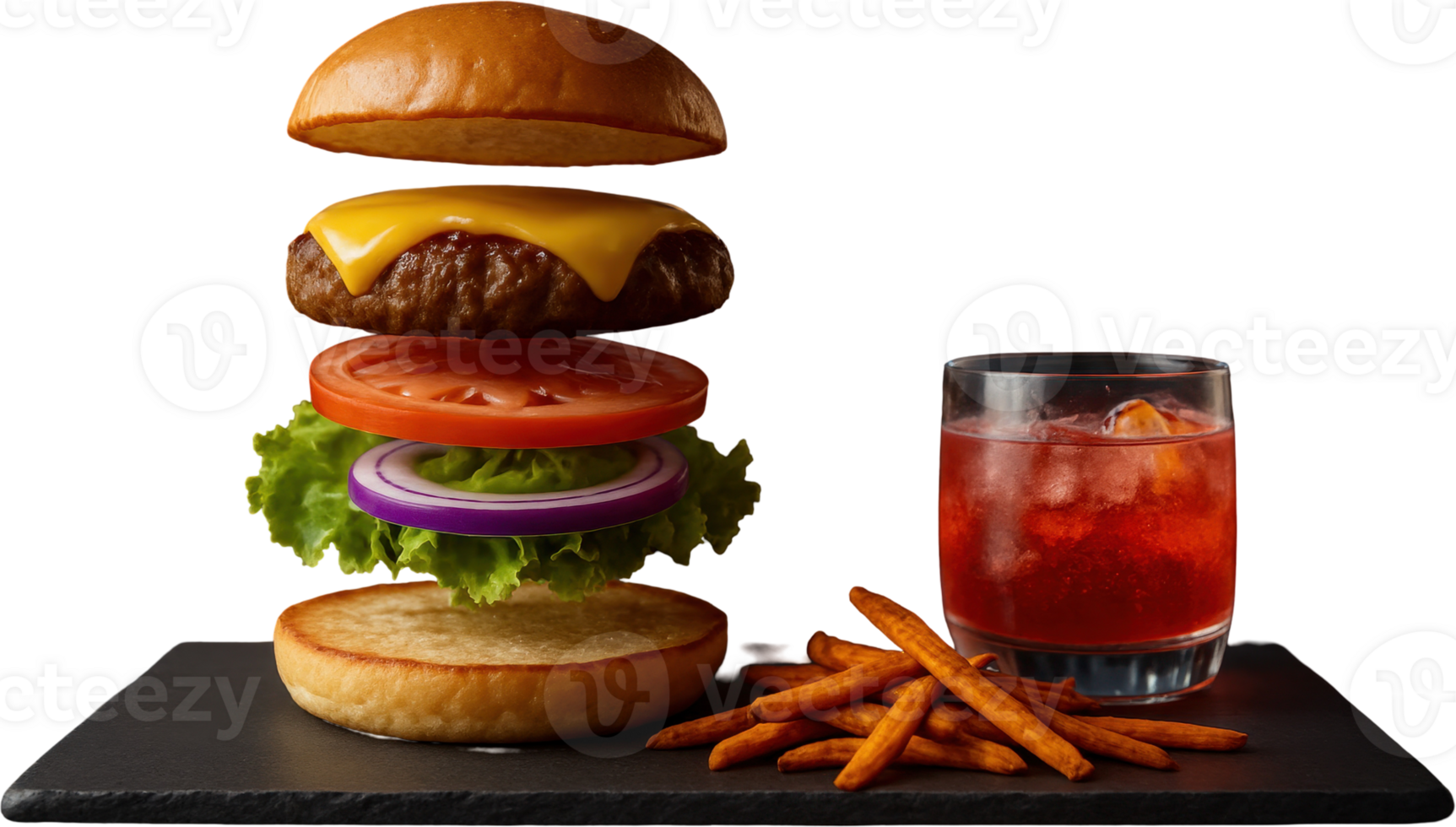Gourmet deconstructed cheeseburger with floating ingredients, sweet potato fries, and a refreshing drink png
