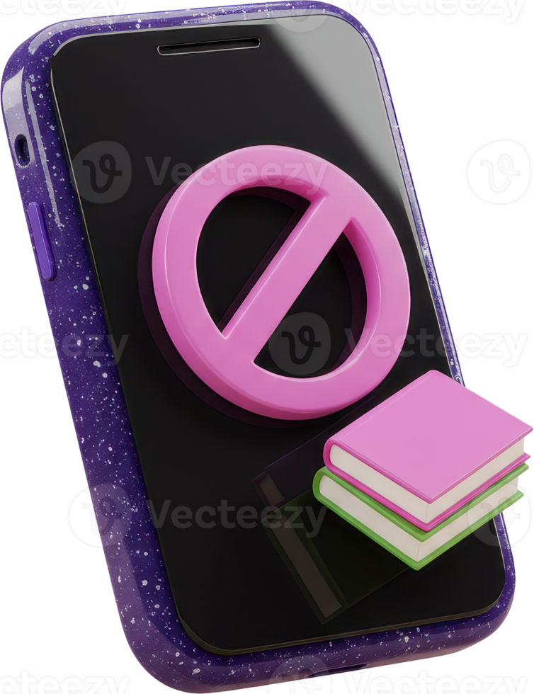 Digital detox concept, smartphone with no books symbol and purple case png