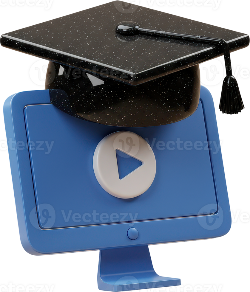 Online education concept, graduation cap on blue computer monitor with play button png