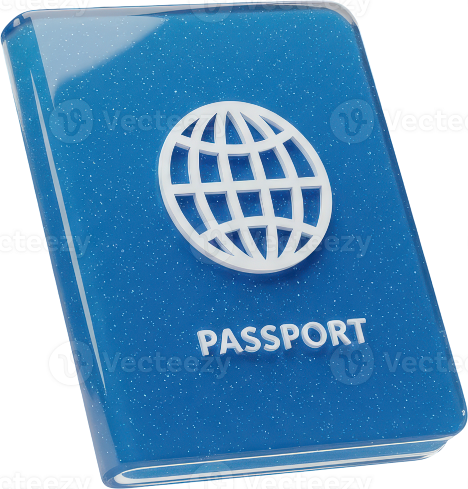 Glossy blue passport with white globe symbol for international travel and identity png