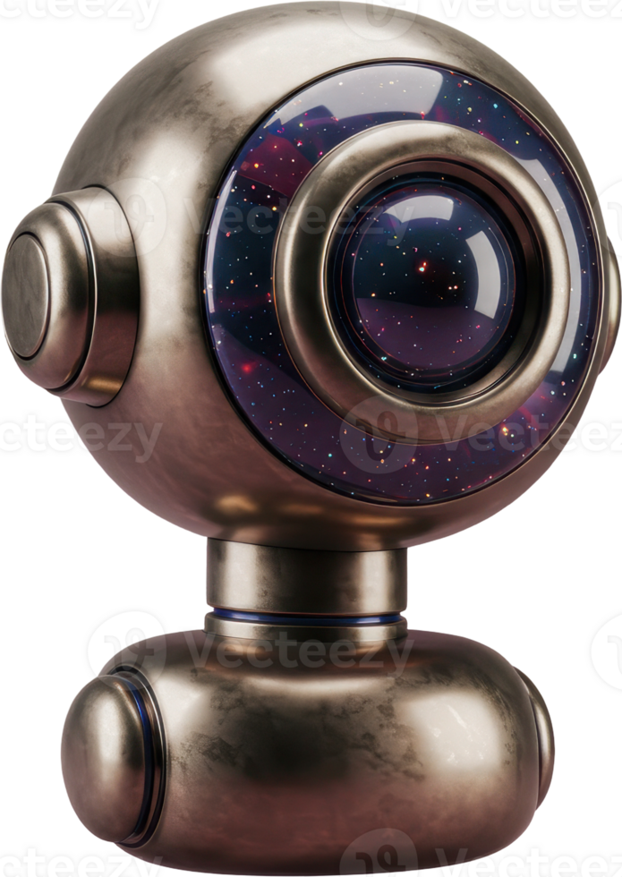 Futuristic metallic robot head with a single large eye displaying a cosmic galaxy png
