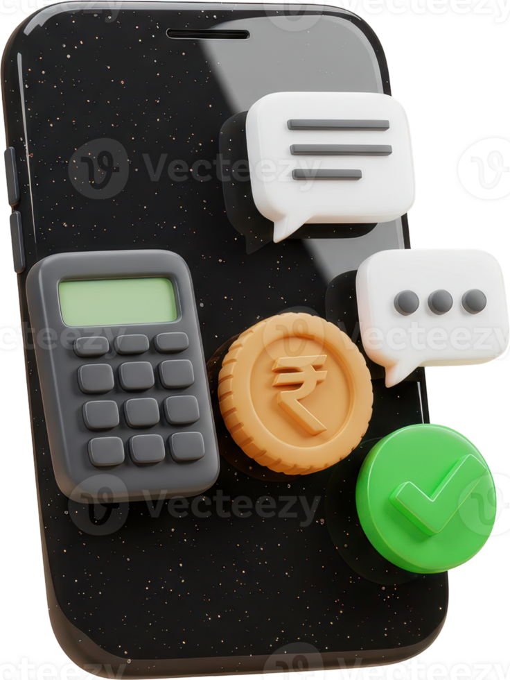 Modern smartphone with calculator, rupee coin, chat, and checkmark icons png