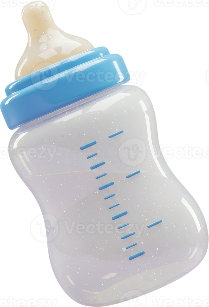 Glossy translucent baby bottle with blue ring and measurement markings for infant care png