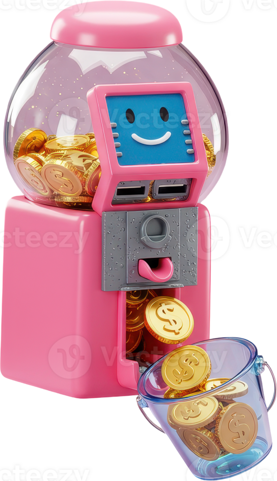 Pink 3D gumball machine ATM dispensing golden dollar sign coins into a clear bucket png