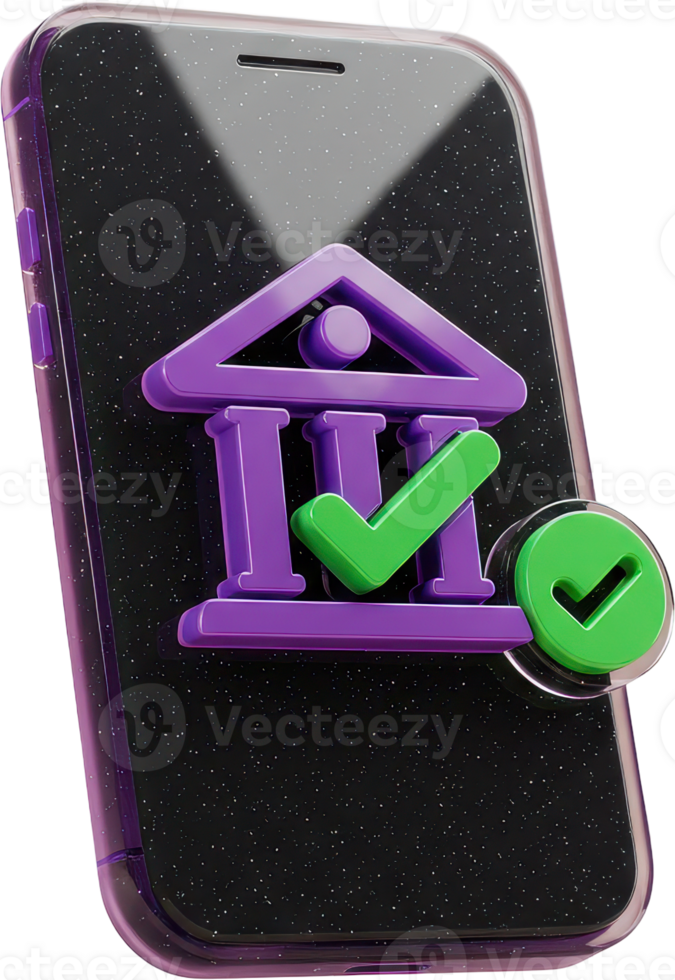 Mobile phone with bank icon and green checkmark for secure online banking app png