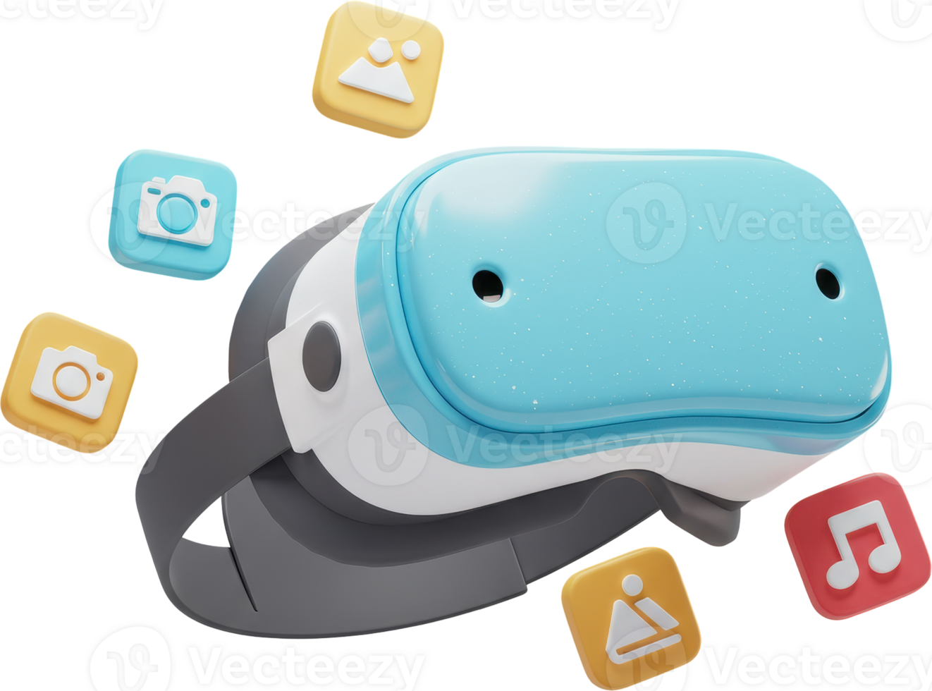 Immersive virtual reality headset with digital content and media icons png