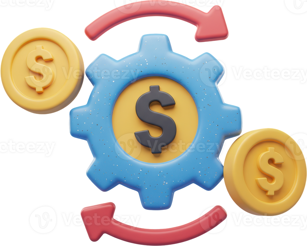 Financial transaction process 3D icon with gear and dollar exchange png
