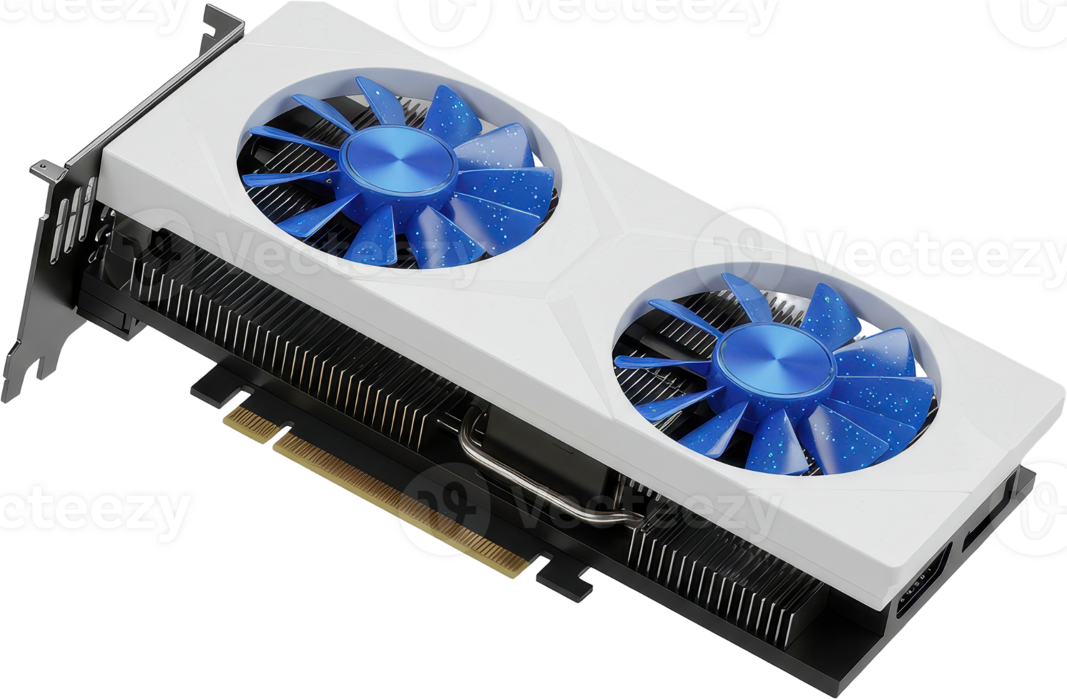High performance white graphics card with blue fans for computer systems png