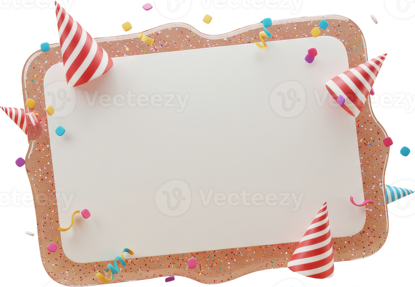 Celebration blank card with striped party hats and colorful confetti design png