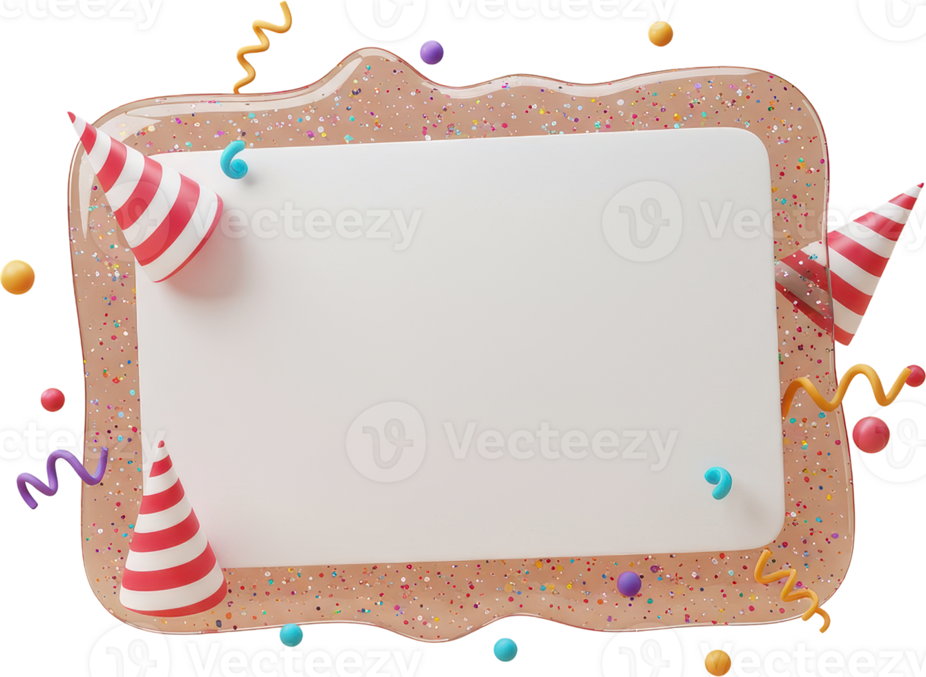 Blank white card with festive party hats and colorful confetti for celebration message png