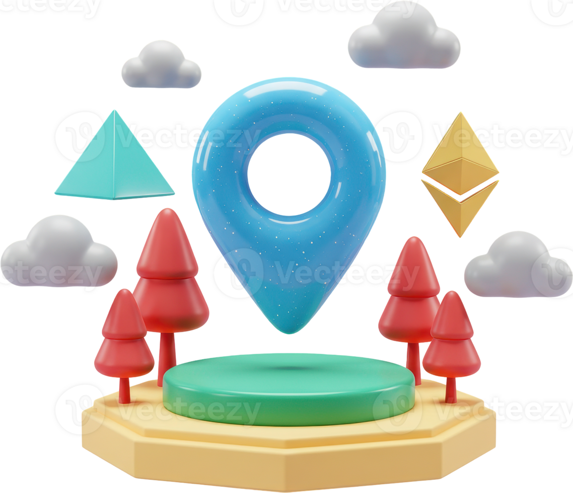 Blue location pin floating above green platform in a whimsical 3D scene png