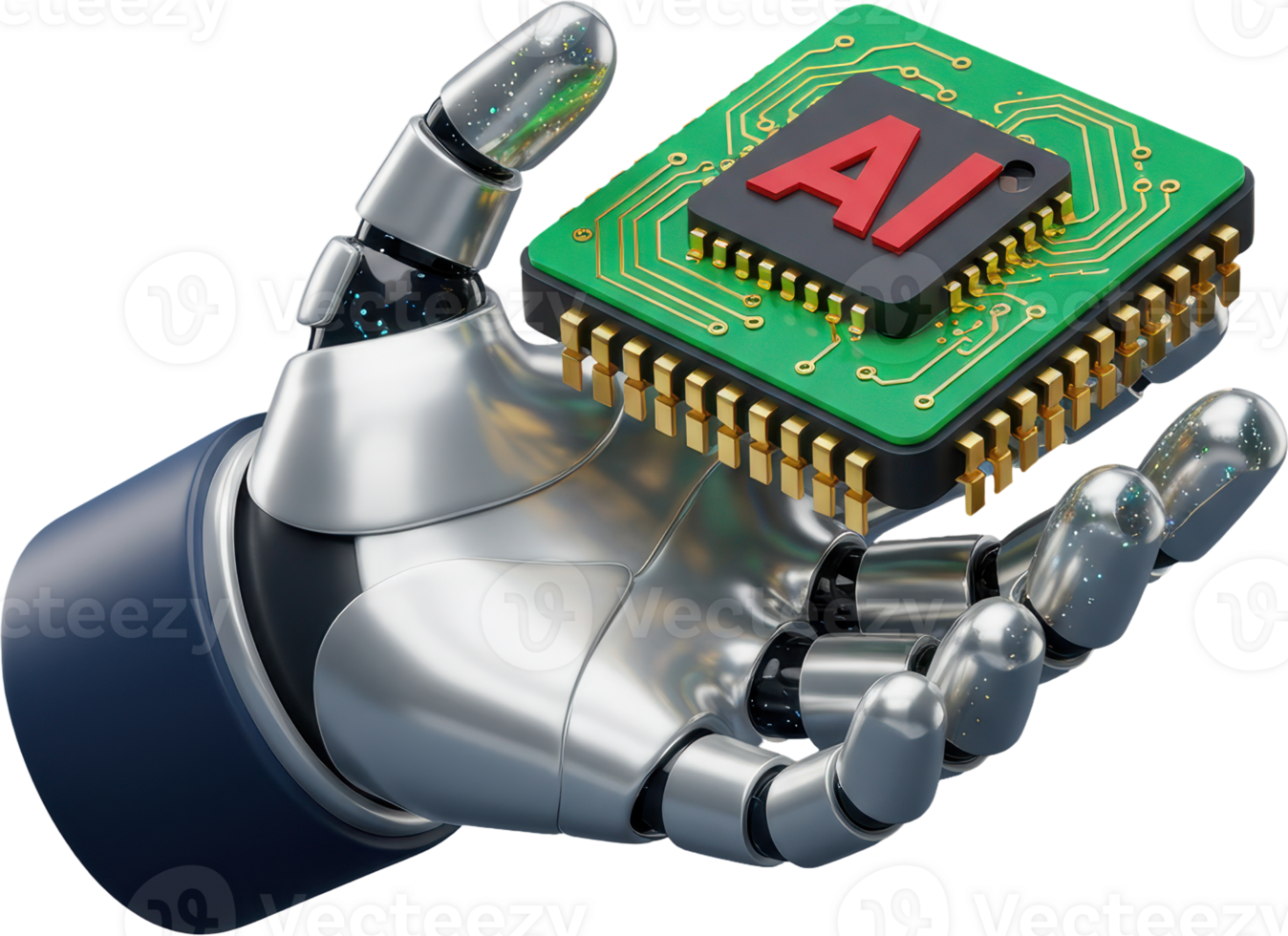 Metallic robotic hand holding a green circuit board with an AI processor chip. png