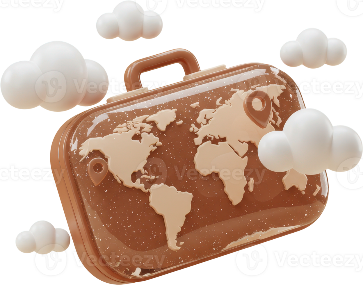 Brown travel luggage with world map and location pins surrounded by fluffy clouds png