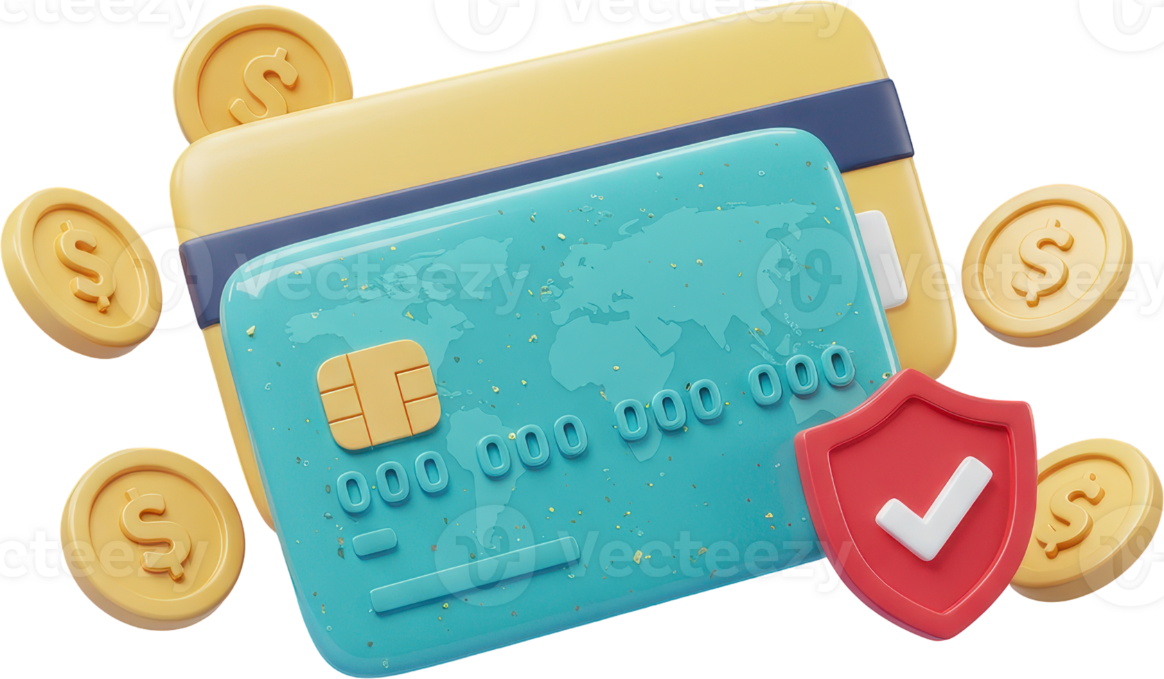 Secure online payments with credit cards, gold coins, and protection shield png