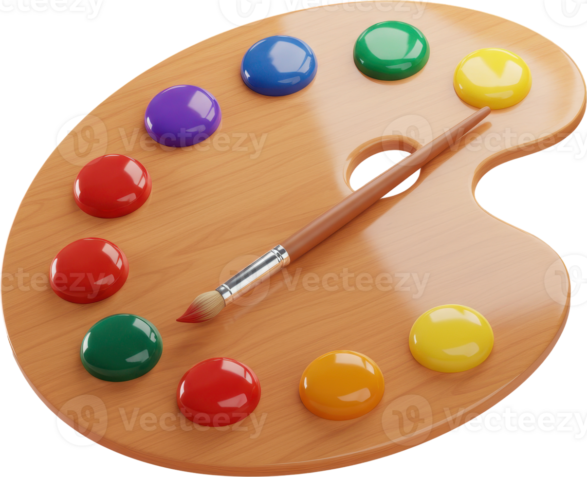 Wooden painter palette with vibrant paint colors and artist brush for creative work png