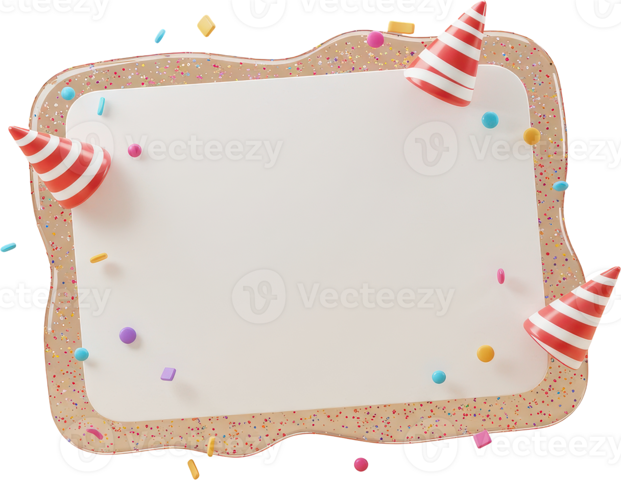 Playful 3D blank card with party hats and colorful confetti for festive announcements png