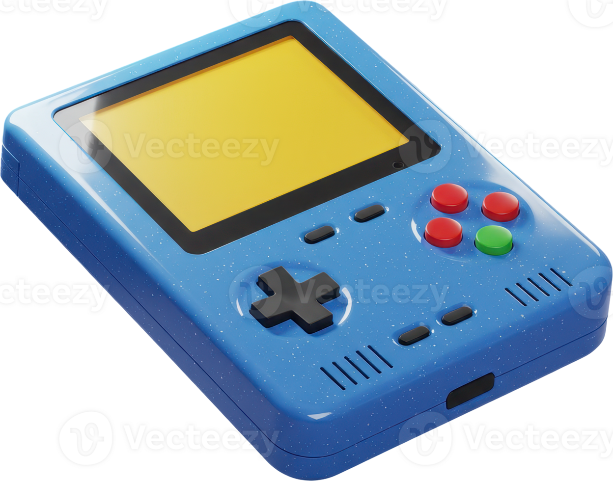 Vibrant blue portable gaming console with yellow screen and classic controls png