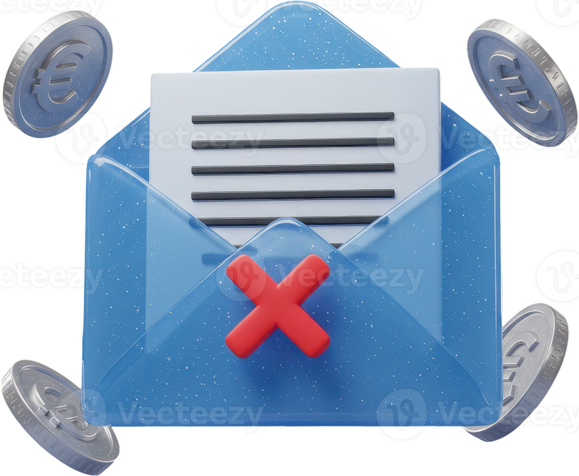 Failed payment notification, 3D blue envelope with red x and euro coins png