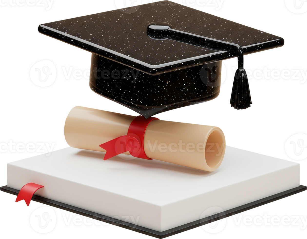Black graduation cap, diploma scroll, and open book representing academic achievement png