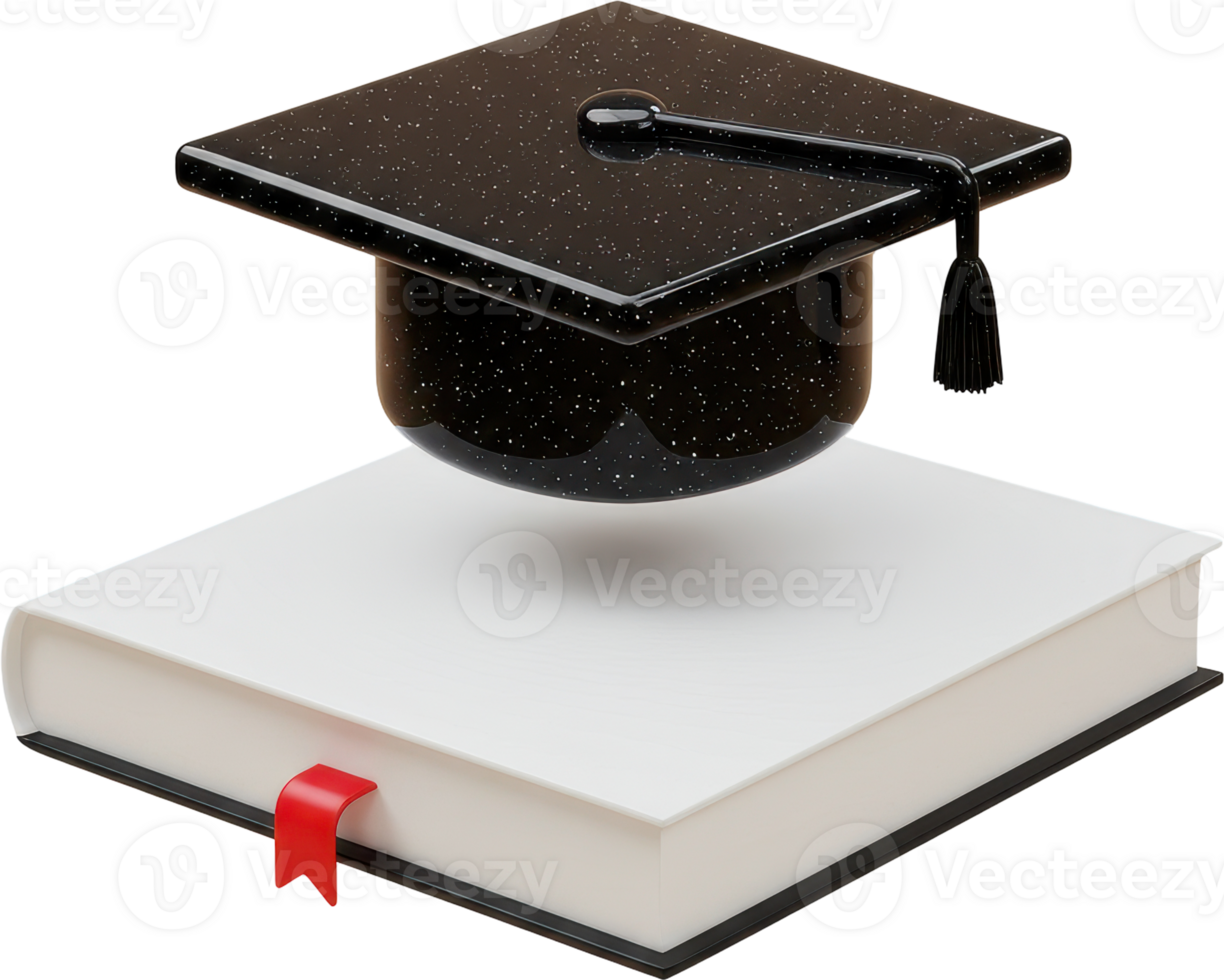 Black mortarboard graduation cap floating above white book with red bookmark png