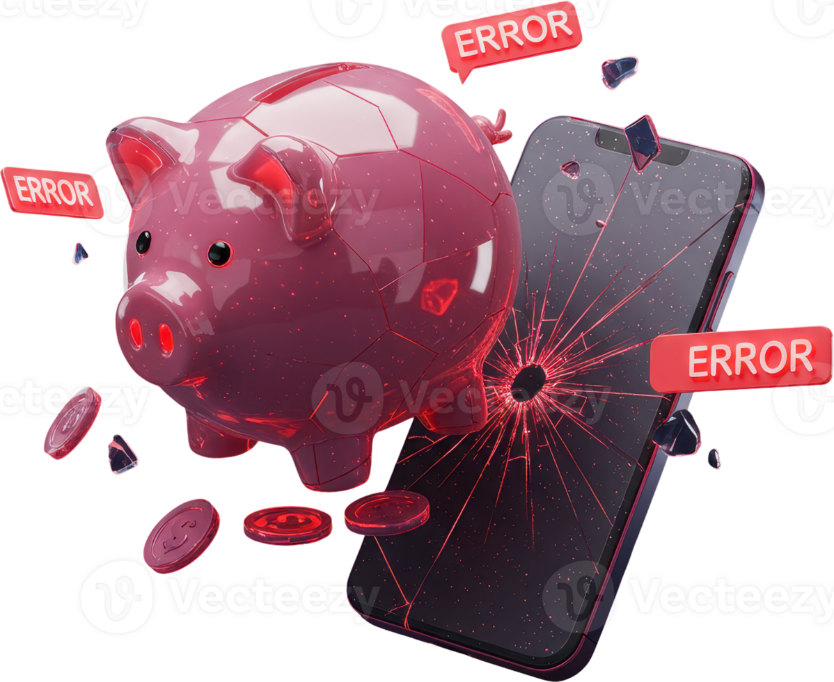 Shattered piggy bank and cracked smartphone with error messages symbolizing financial failure. png