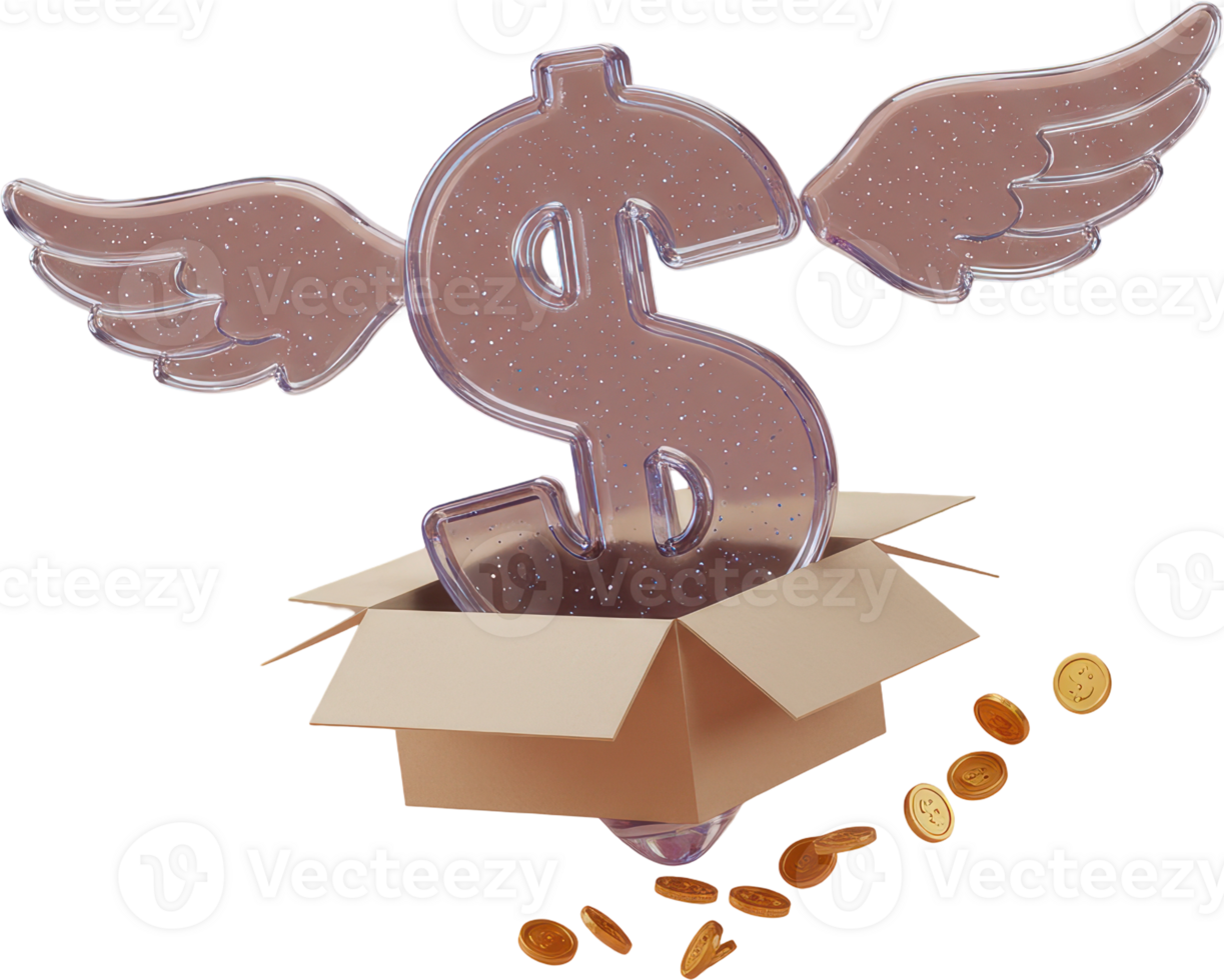Flying dollar sign and money spilling from a box for financial growth png