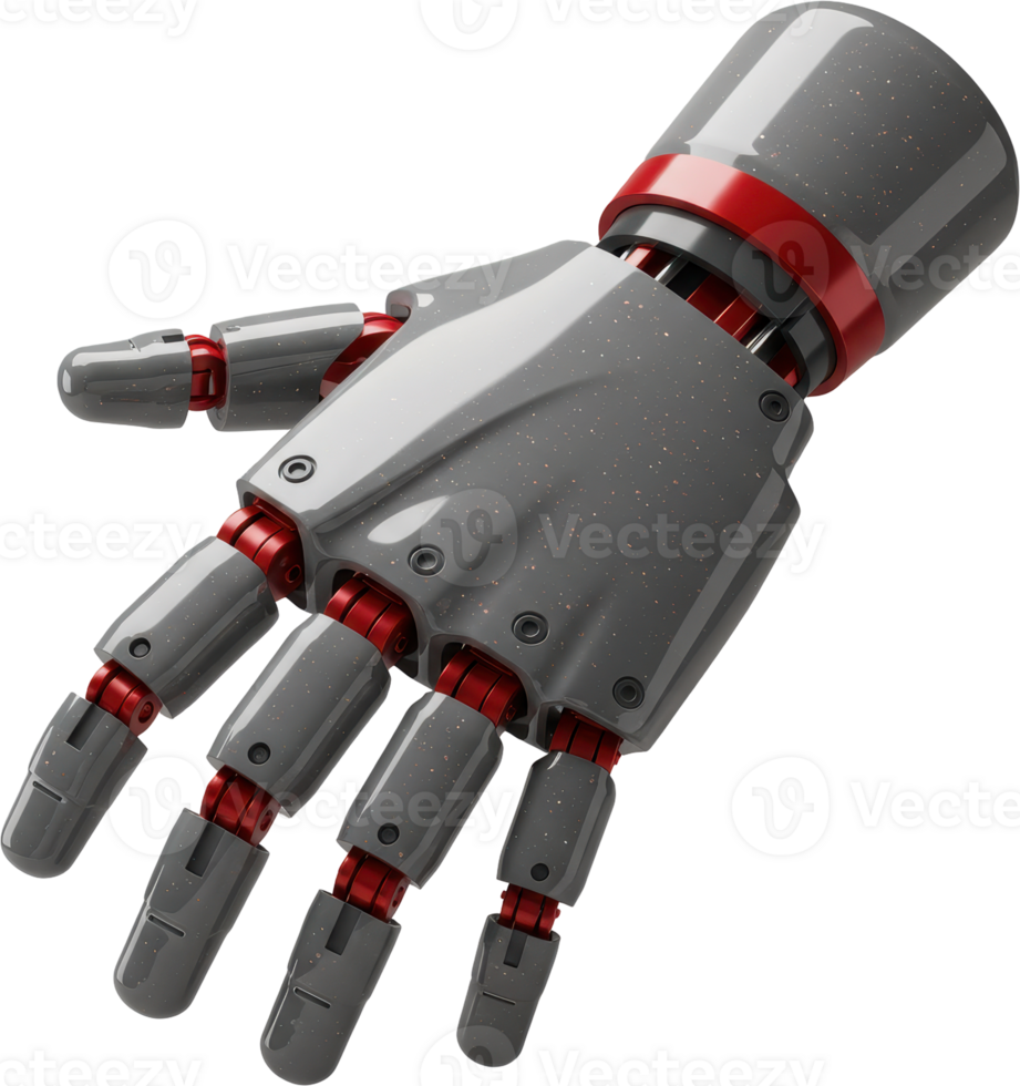 Futuristic robotic hand with gray and red mechanical details for AI and innovation png