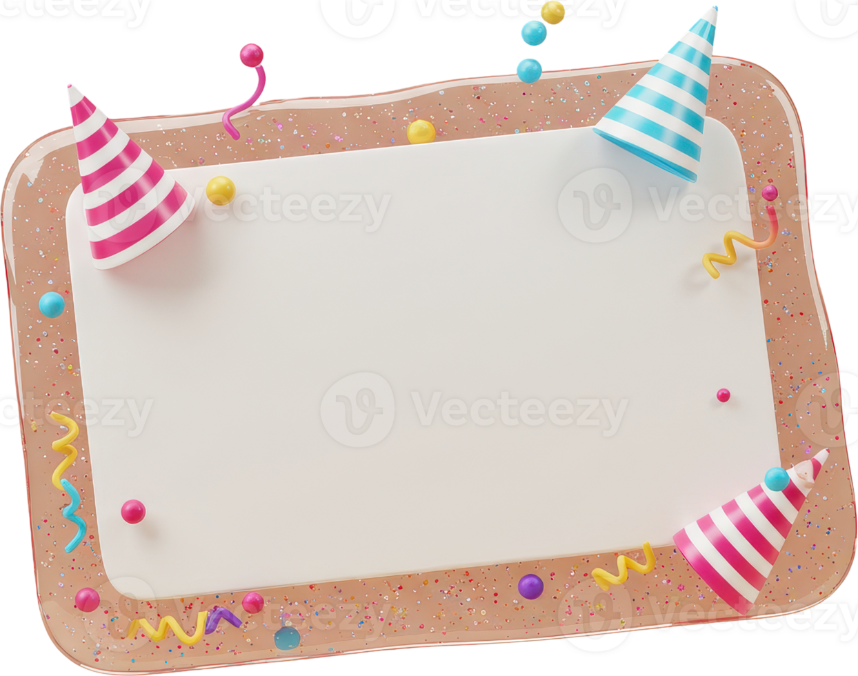 Blank white card with festive party hats and colorful confetti frame png