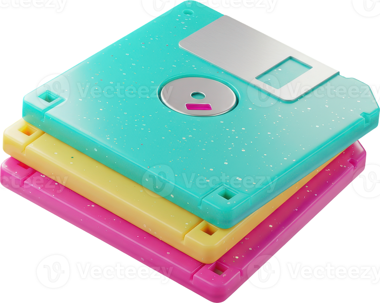 Colorful stack of retro floppy disks for data storage and computer technology png