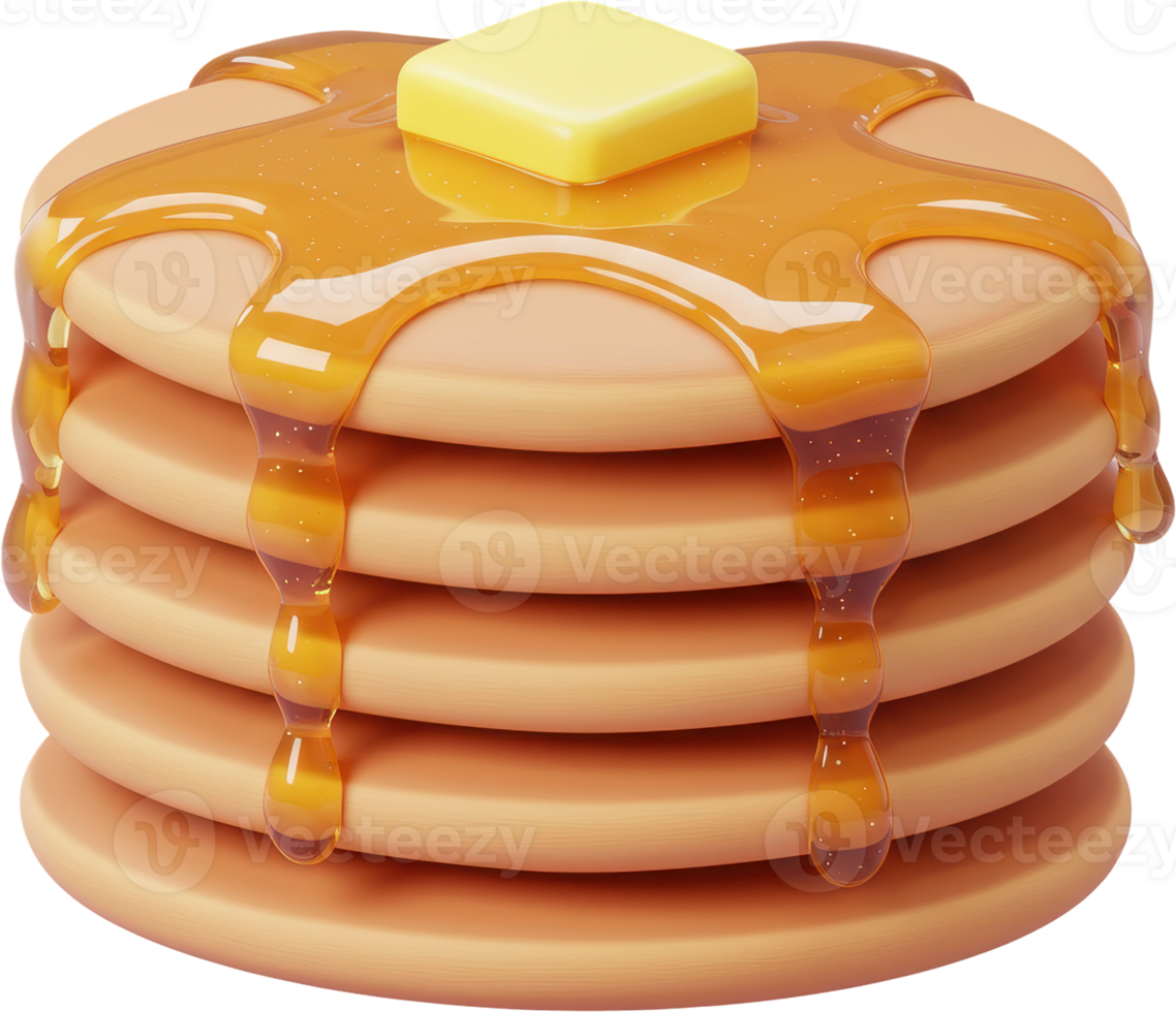 Delicious stack of golden pancakes with dripping syrup and melting butter png