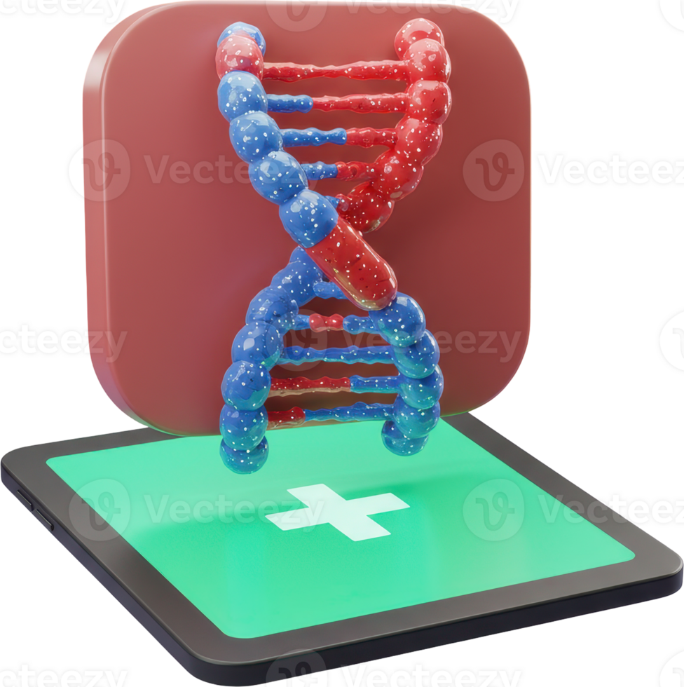 3D DNA helix made of pills above a tablet with medical cross icon for digital health png