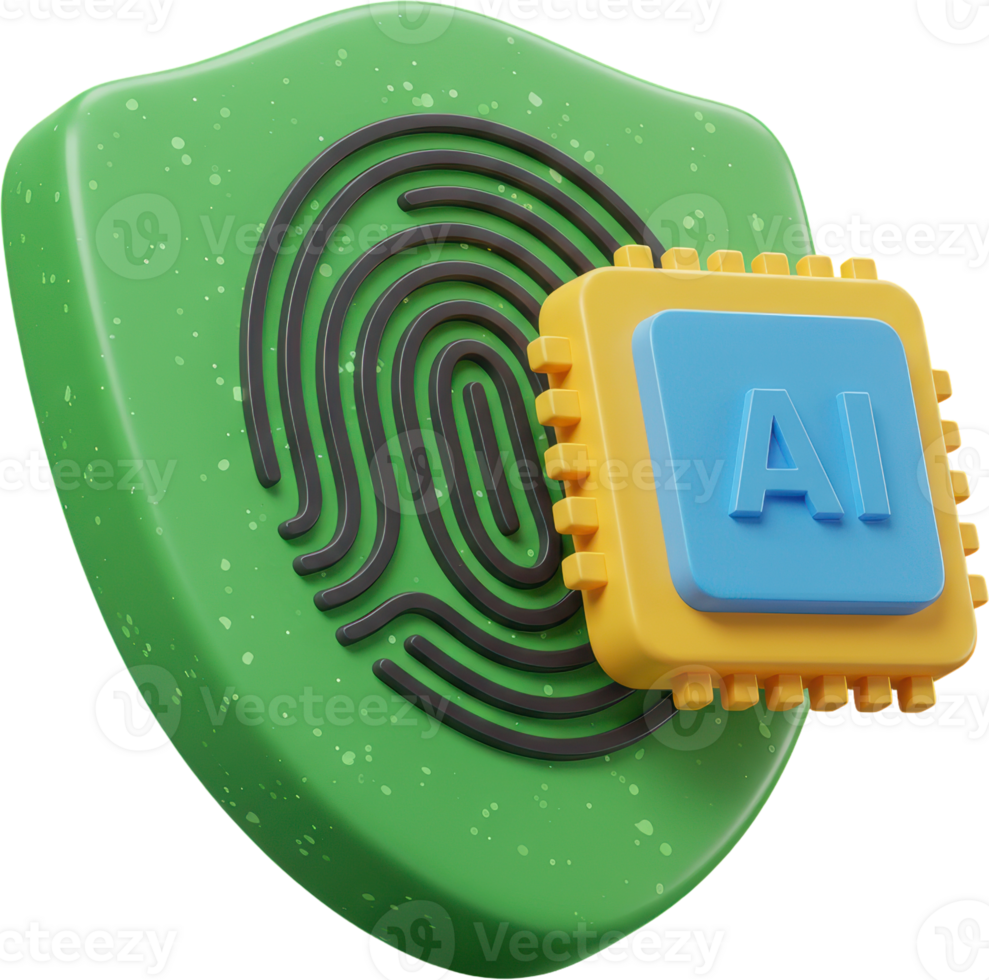 AI powered biometric security shield with fingerprint and processor chip png